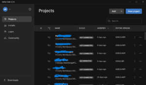 Unity Hub project window with project list