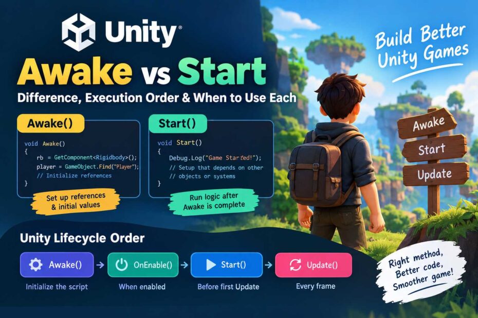 Unity Awake vs Start: What’s the Difference and When to Use Each? 1 Unity Awake vs Start: Difference & Execution Order Explained